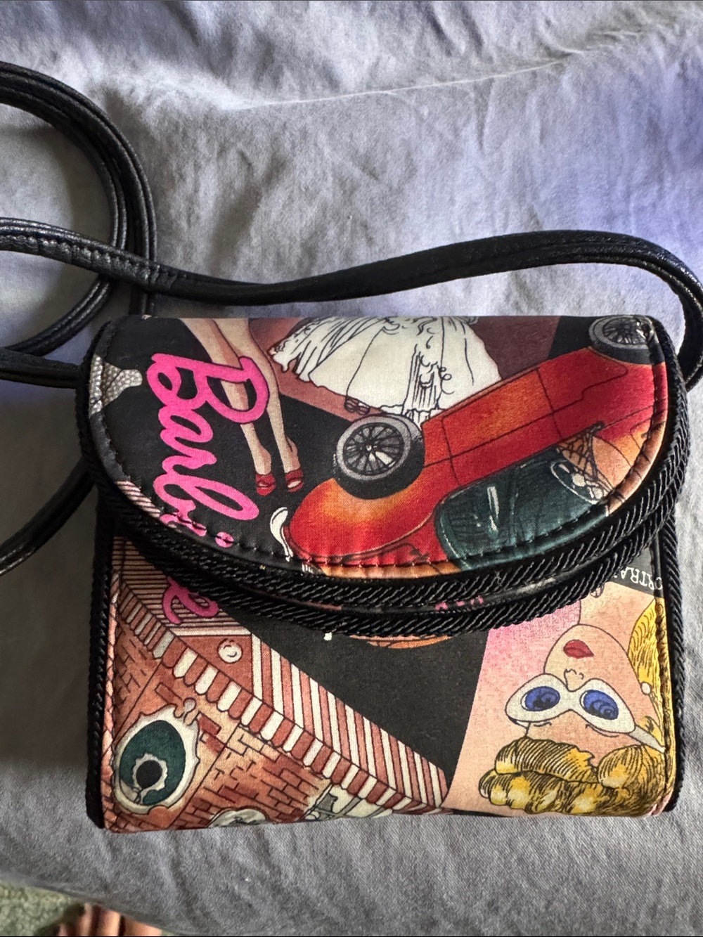 Nicole Miller Black Crossbody Wallet with Multicolor Barbie Graphic